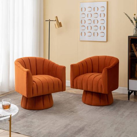 Willa Arlo Interiors Murrow Upholstered Swivel Barrel Chair & Reviews | Wayfair Orange Chair Living Room, Rotating Armchair, Orange Swivel Chair, Reading Lounge Chair, Small Sofa Chair, Wide Chair, Orange Accent Chair, Velvet Barrel Chair, Orange Chairs