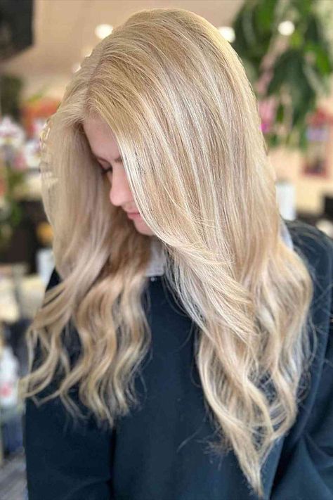 Buttercream Barbie Blonde with Long Waves Barbie Blonde Hair Color, Buttercream Blonde, Barbie Blonde Hair, Curly Hair Looks, Bombshell Blonde, Butter Blonde, Barbie Blonde, Blonde Hair Colors, Curly Hair Ideas