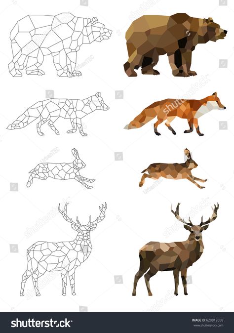 Low poly vector animals set: (bear, fox, hare, deer) on a transparent background. Abstract polygonal geometric illustration. Set of outline animals. Set of polygonal animals icons, logo. #Ad , #AFFILIATE, #hare#fox#transparent#deer Bear Geometric Design, Low Poly Design, Low Poly Illustration, Polygon Art Animal, Geometric Animals Drawing, Polygonal Animals, Outline Animals, Fox Outline, Polygon Animal