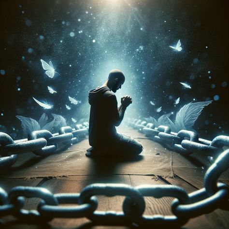 A person kneeling in deep prayer, surrounded by faint, abstract chains representing addiction. The environment is serene and peaceful, with a subtle light in the background symbolizing hope and divine intervention. The scene conveys a sense of inner peace and strength through prayer. High-quality, detailed, and respectful to Bible readers. Praying Painting, Prayer Background, Person Kneeling, Person Praying, Healer Quotes, Prayer For Strength, Jesus Christ Illustration, Path To Heaven, Prayer Images