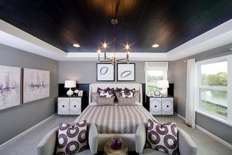 Breaking the rules with this black tray ceiling. #BedroomGoals Black Tray Ceiling, Tray Ceiling Ideas Bedroom, Ceiling Ideas Bedroom, Ceiling With Fan, Painted Tray Ceilings, Bedroom Tray Ceiling, Tray Ceiling Bedroom, Tray Ceiling Ideas, Wood Plants