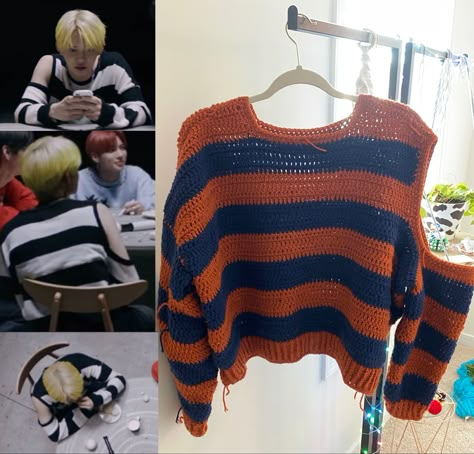 #txt #txtbighit #yeonjun #crochet #eternity K Pop Crochet Clothes, Crochet Projects For School, Kpop Knitted Outfit, Kpop Crochet Clothes, Txt Crochet Ideas, Kpop Crochet Outfits, Crochet Kpop Ideas, Crochet Masculine, Txt Crochet