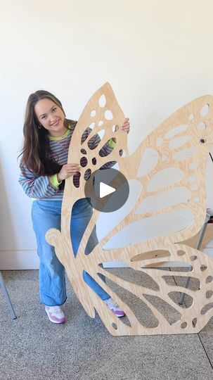 18K views · 250 reactions | Pt. 2 - Making a giant butterfly for my daughter’s garden birthday party. 🌸🦋🎂  Comment link for the free template and links to supplies!  Follow @sweetredpoppy for more crafting inspiration.  I wasn’t sure if this would giant butterfly would turn out because it’s my first time working with wood on this scale (or using a real power tool 😬) but I’m so happy with the results so far!!  I used a jigsaw from @loweshomeimprovement to cut out my butterfly and a drill with a hex shank spade drill bit to create holes for the more detailed cut outs. Once I figured out the right blade to use everything cut so smoothly!   Next up, I need to paint this butterfly, create a stand and add a little bit of sparkle. I also need to cut out one more butterfly. 🤣 I have some fun Giant Butterfly, Garden Birthday Party, Butterfly Balloons, Working With Wood, Butterfly Cutout, My Butterfly, Wood Butterfly, Crafting Inspiration, Butterfly Template