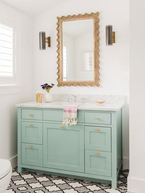 Mint Green Bathroom, Inexpensive Bathroom Remodel, Farmhouse Bathroom Remodel, Green Vanity, Narrow Bathroom, Tile Remodel, Country Bathroom, Rustic Bathroom Decor, Modern Farmhouse Bathroom