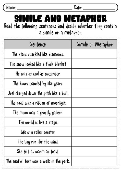 Printable Simile and Metaphor Worksheets Similes Worksheet, Metaphor Activities, Simile And Metaphor, Simile Worksheet, Figurative Language Lessons, Figurative Language Worksheet, Figures Of Speech, Preschool Sight Words, Word Bingo