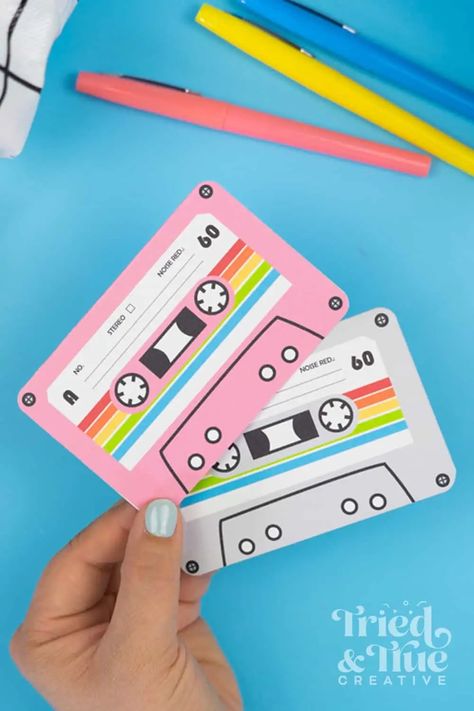 Download and print this totally awesome Retro 80s Cassette Tape Free Printable Card! Perfect addition to any gift or just to drop a note! Cassette Tape Printable, Tape Printable, 80s Cassette, Craft Ideas For Beginners, Aesthetic Paper, 80s Gift, Cassette Audio, 80s Theme Party, Retro Cassette