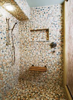 River Rock Shower, Pebble Tile Shower, Shower Interior, Rock Shower, Diy Mud Kitchen, Stone Shower, Home Design Magazines, Pebble Tile, Small Bathroom Makeover