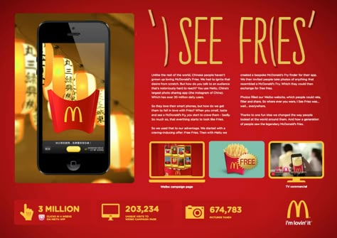 The Work | Lions Campaign | I SEE FRIES Online Campaign Ideas, Mcdonalds Ads Creative Advertising, Mcdonalds Campaign, Mcdonalds Billboard Advertising, French Fries Advertisement, Cannes Lions Print Ads, Photo Sharing App, Case Study Design, Online Campaign