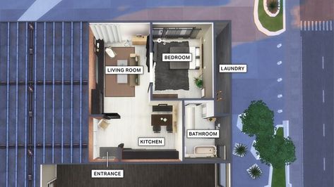 Sims 4 910 Medina Studios, 910 Medina Studios Sims 4 Floorplan, 930 Medina Studios Sims 4, Apartment Layout, Micro House, Sims 4 Collections, Sims 4 Houses, Sims 4 Build, Sims House