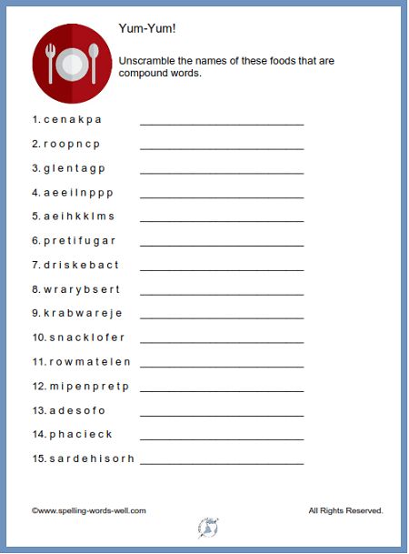 "Yum-Yum" is fun printable word scramble for all ages. To solve it, unscramble the names of 15 compound food words, such as fruitcake or doughnut. Find the printable page at www.spelling-words-well.com Word Scramble Games For Adults, Word Scramble With Answers, Hope Activities, Owl Coloring, Food Games, Scramble Game, Word Challenge, Math Puzzles, Spelling Worksheets