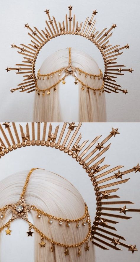 Pin on Crown jewellery Crown On Head Drawing Reference, Headdress Ideas Diy, Head Crowns Headpieces, Diy Headpiece Costume, Ocean Headpiece, Head Dress Ideas, Head Dress Headpieces, Sun Themed Dress, Queen Makeup Looks