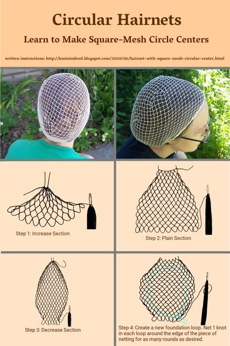 Are you a visual learner? Learn through pictures how to start netting a hairnet with a no-grommet circular center using a square-mesh circle.   See the four steps involved in netting a square-mesh circle and turning it into the center of a hairnet.    Click on the pin to locate instructions for this net hairnet. How To Make A Net, Medieval Hairnet, Hair Net Pattern, Crochet Hairnet, Diy Net, Uncinetto Zig Zag, Historical Clothing Patterns, Snood Pattern, Net Making