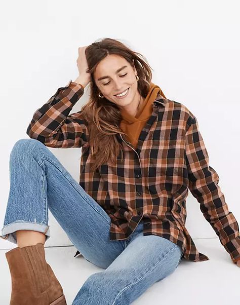 Flannel Outfit Women, Flannel Oversized, Banded Collar Shirts, Fall Flannel, Fall Attire, Shirt Tucked In, Flannel Women, Boyfriend Shirt, Perfect Shirt