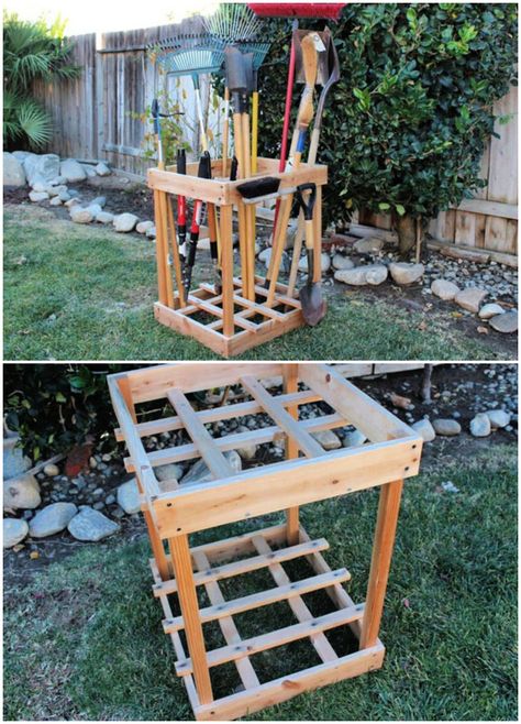 17 Easy DIY Garden Tool Storage Ideas Wood Pallet Garden Tool Holder, Garden Tools Storage Ideas, Pallet Garden Tool Storage, Free Standing Garden Tool Storage, Outdoor Garden Storage Ideas, Garden Tool Organization Diy, Garden Pot Storage Ideas, Allotment Storage Ideas, Diy Outdoor Tool Storage