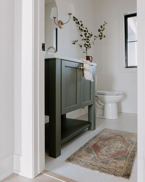 Black Birch Homes on Instagram: "Pretty powder room views 🖤 . . . . . 📸 @brookepavel #bathroomdesign #husbandandwifeteam #SMmakelifebeautiful #bhghome #rshome…" Mcgee And Co Powder Bathroom, Powder Room Studio Mcgee, Black Vanity Powder Room Ideas, Black Powder Room Vanity, Black Vanity Powder Room, Studio Mcgee Powder Room, Black Birch Homes, Shed Bathroom, Mc Gee And Co