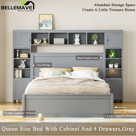 Queen Bed Frame For Small Room, Beds With Bookshelves, Built In Beds For Adults, Headboard Storage Ideas, Farmhouse Kids Bedroom, Queen Bed With Storage, Railroad Apartment, Bed With Drawers Underneath, Girls Bedroom Storage