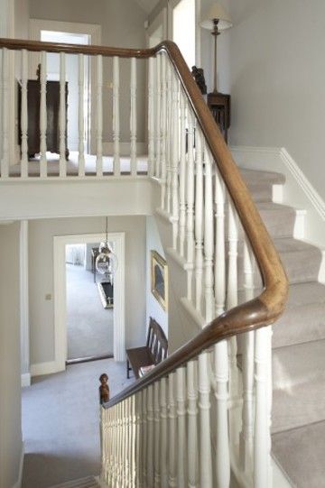 Victorian Staircase, Victorian Hallway, Handrail Design, Hallway Inspiration, Loft Stairs, Hand Rail, Wall Colour, Hallway Designs, Stair Handrail