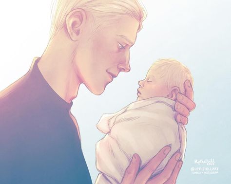 The day Draco was saved 🌌 (but honestly I have so many emotions towards their relationship, can you imagine how unworthy Draco felt in this moment when he held this tiny pure boy, his son, in his hands for the first time. This is the happiest day of his life, the purpose of his existence. Draco cannot even comprehend where all this warmth and kindness that he feels is coming from all of a sudden, completely overwhelming him. He never knew he was capable of such a selfless love until this mom... Draco Y Hermione, Harry Potter Fanları, Scorpius And Rose, Scorpius Malfoy, Draco Malfoy Fanart, Dramione Fan Art, Drarry Fanart, Severus Rogue, Buku Harry Potter