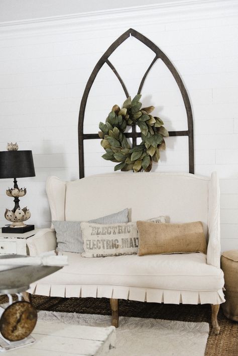 Vintage Inspired Wooden Arch Window | Arches Wall Decor, Wooden Arches, The Found Cottage, Farmhouse Decorating Ideas, Arch Window, Industrial Lamps, Liz Marie, Eclectic Farmhouse, Best Farmhouse