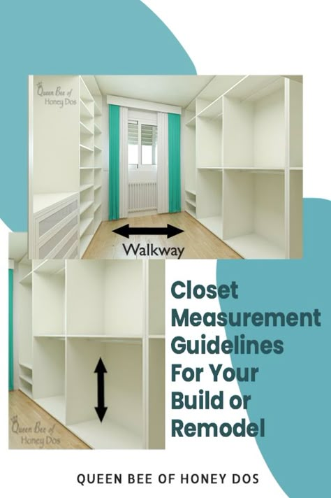 Find out how much room you need to make that closet that you have been dreaming about. THis guide breaks down the minimum amount of floor space required and the standard and minimun heights needed to maximize your closet's potential. #closets #renovations #remodeling #storage #design 7x10 Closet Layout, Walk In Closet Ideas Sloped Ceiling, Designing Closets Layout, Small Walk In Closet Deminsions, Simple Large Walk In Closet, Closet Measurements Guide, Dimensions For Walk In Closet, 6x6 Walk In Closet, Walk Through Master Closet