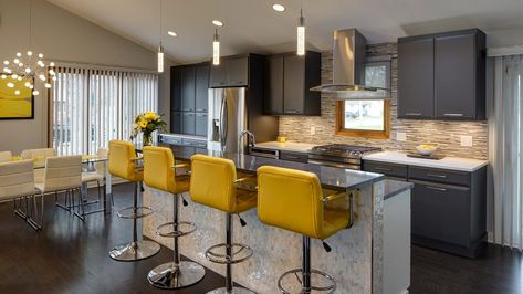 Open Contemporary South Suburban Kitchen Remodel - Drury Design Yellow Bar Stools, Bar Stools Kitchen, Hgtv Kitchens, Kitchen 2021, Stools Kitchen, Mediterranean Kitchen, Storage Inspiration, Kitchen Images, Kitchen Photos