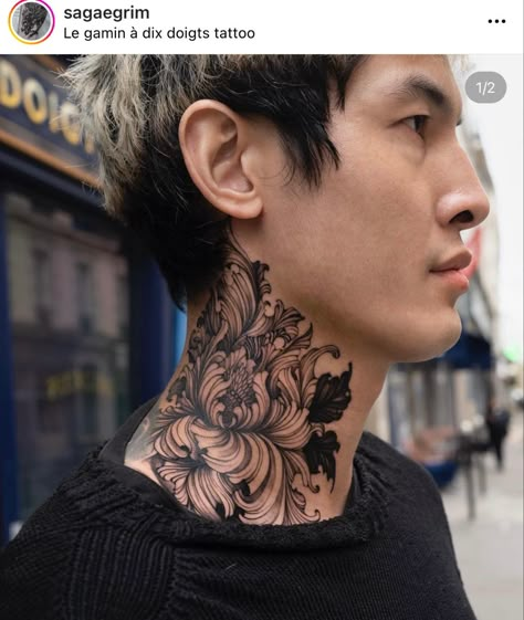 Japanese Neck Tattoo Design, Japanese Side Neck Tattoo, Throat Tattoo Japanese, Black And White Neck Tattoo, Side Neck Tattoo Designs Men, Side Neck Cover Up Tattoos Men, Neck Side Tattoo Men, Floral Neck Tattoo Men, Black Work Shoulder Tattoo