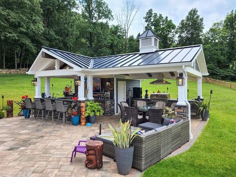 Pool House With Covered Porch, Pool Cabana With Kitchen, Farmhouse With Pool Backyards, L Shape Pool House, Carport Pool House, Pool House With Grill Area, Pool Structure Ideas, Craftsman Style Pool House, Corner Pool House