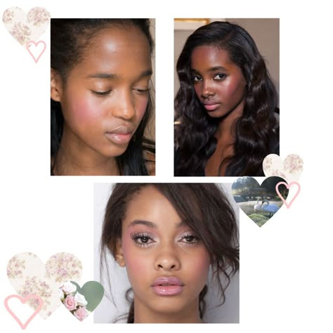 my edit, don't reupload. Soft rosey black girl makeup! ♡ Black Cute Makeup, Romantic Makeup Archetype, Soft Makeup Black Women, Woc Coquette, Soft Glowy Makeup Wedding, How To Look More Feminine, Cutesy Makeup, Ingenue Makeup, Monster High Makeup