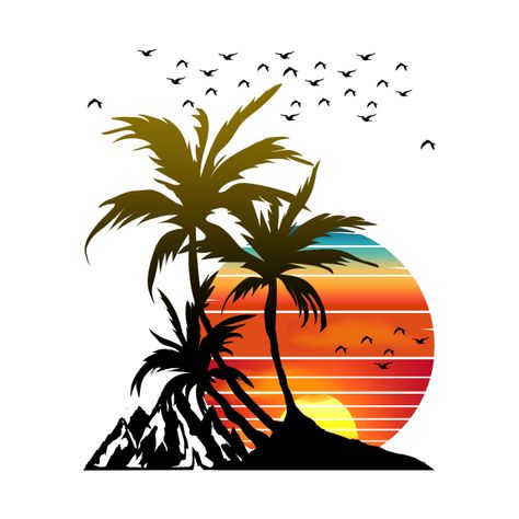 mountain palm trees retro sunset - Sunset - T-Shirt | TeePublic T Shirt Printing Design Ideas, Summer Shirt Ideas, Summer T Shirt Designs, Tshirts Design Ideas, T Shirts Design Ideas, T Shirt Print Design Graphics, Crown Drawing, Minimal Typography, T-shirt Print Design