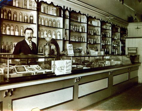 Interior of the Miller Pharmacy circa 1900. 1950s Pharmacy, Vintage Pharmacy Aesthetic, Victorian Pharmacy, Pharmacy Marketing, History Of Pharmacy, Old Pharmacy, Apothecary Pharmacy, Vintage Pharmacy, Pharmacy Decor