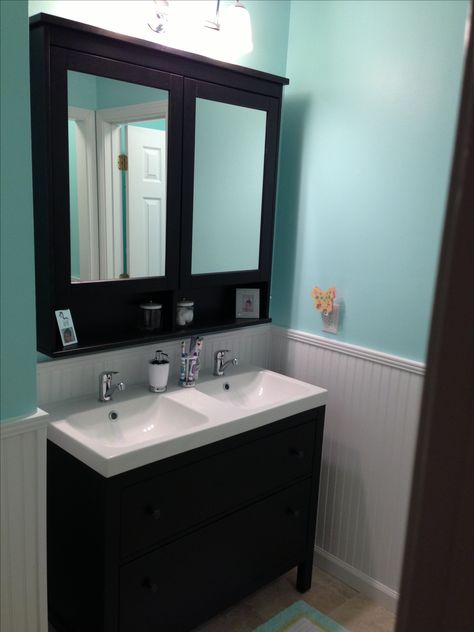 I love this Hemnes sink cabinet and mirror cabinet combo.  We would have 2 sets of these with one sink per cabinet in ours. Double Sink Small Bathroom, Hemnes Vanity, Bathroom Ikea, White Beadboard, White Wainscoting, Small Bathroom Sinks, Tidy Bathroom, Bathroom Vanity Designs, Ikea Bathroom