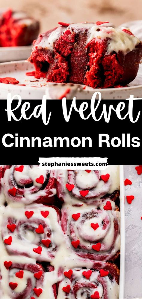 These red velvet cinnamon rolls are super soft cinnamon rolls with a red velvet dough, cinnamon filling, and cream cheese icing. These would be great for Valentine's Day or Christmas morning. Let your loved ones know how much you love them from the moment they wake up! Cinnamon Roll Red Velvet, Chili And Cinnamon Rolls Recipe, Red Velvet Cinnamon Rolls Sourdough, Cinnamon Roll Valentine, Red White And Blue Cinnamon Rolls, Red Velvet Cinnamon Rolls Easy, Red Cinnamon Rolls, Red Velvet Sourdough, Red Velvet Sourdough Cinnamon Rolls