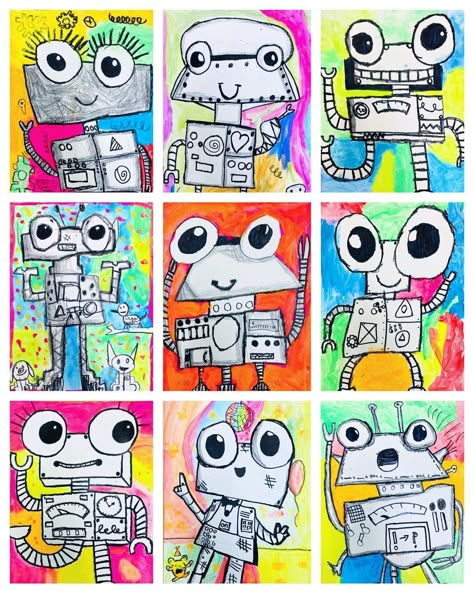 Drawing Projects For Elementary Students, Art Activities For Second Grade, 1st Grade Art Ideas, Elementary Art Lessons 1st Grade, Line Art Elementary, Line Projects For Elementary, Kindergarten Line Art Projects, Robot Art Project, Second Grade Art Lessons