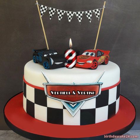 Car Birthday Cake For Boys With Name And Age Number Gökkuşaği Pasta, Cars Cake Design, Disney Cars Cake, Lightning Mcqueen Cake, Cars Theme Cake, Mcqueen Cake, Race Car Cakes, Birthday Cake Writing, Cars Birthday Cake