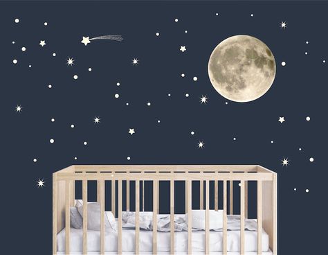 Space Themed Nursery Area Rugs, Baby Boy Space Theme Nursery, Galaxy Baby Nursery, Stars Nursery Theme, Moon And Stars Bedroom, Moon Themed Nursery, Stars Room Decor, Starry Night Nursery, Night Sky Nursery