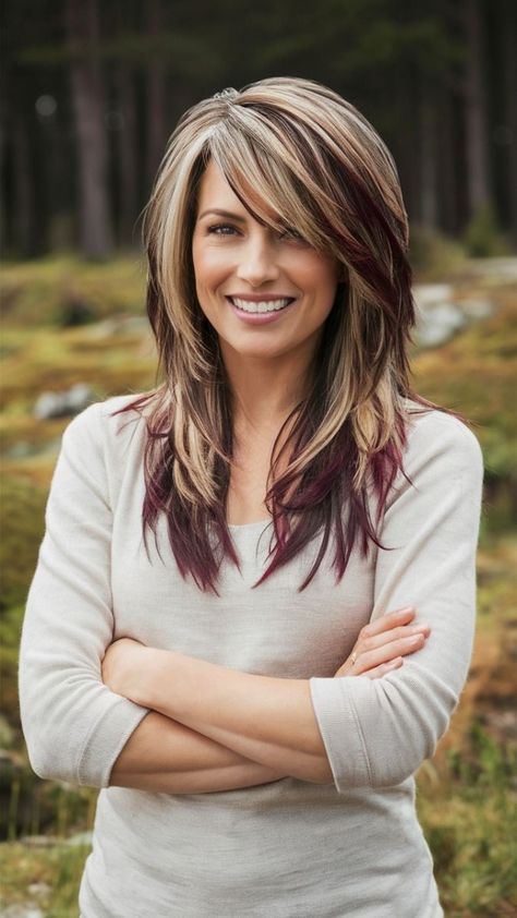 Medium Hair Lengths With Layers, Blond Red Brown Highlights, Dark Hair Color With Highlights Ideas, Hairstyle For Dark Brown Hair, Brunette Long Hair With Layers, Long Hair With Chunky Layers, Medium Length Hair Styles With Long Bangs, Dark Cherry Highlights On Brown Hair, Short Haircuts With Highlights Brunettes