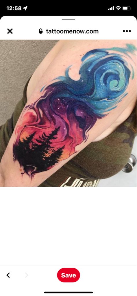 Watercolor Night Sky Tattoo, Northern Lights Tattoo Sleeve, Night Sky Tattoos For Women, Night Scene Tattoo, Cute Lil Tattoos, Night Sky Tattoo, Aurora Borealis Tattoo, Lights Tattoo, Night Sky Tattoos