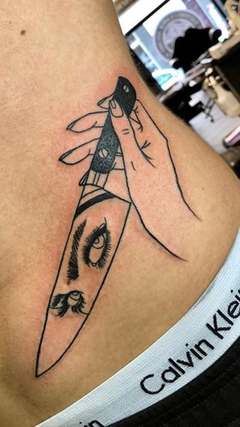 🔪 Knife Woman Tattoo, Knife Reflection Tattoo, Knife Tattoos Women, Knife Tattoo Chest, Knife With Eyes Tattoo, Knife Chest Tattoo, Knife Tattoo Women, Reflection Tattoo, Ojo Tattoo