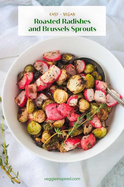 These Oven Roasted Radishes and Brussels Sprouts are an easy side dish for any day of the week, but especially beautiful and festive on a holiday table at Thanksgiving or Christmas. Ready in just 30 minutes. Roasting gives these vegetables a lovely caramelization and really mellows out the flavor of the radishes. Roasted Potatoes And Radishes, Food Sensitivity Symptoms, Food Intolerance Symptoms, Side Dishes Vegan, Ice Cream Dairy Free, Sauteed Brussel Sprouts, Spring Side Dishes, Crispy Brussel Sprouts, Dairy Free Pancakes