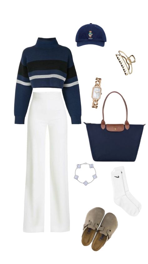 Blue And White Striped Sweater, Comfortable Casual Outfits, Navy Blue Outfit, Blue Baseball Cap, Baseball Cap Outfit, Cap Outfit, White Striped Sweater, Stunning Prom Dresses, Beige Outfit