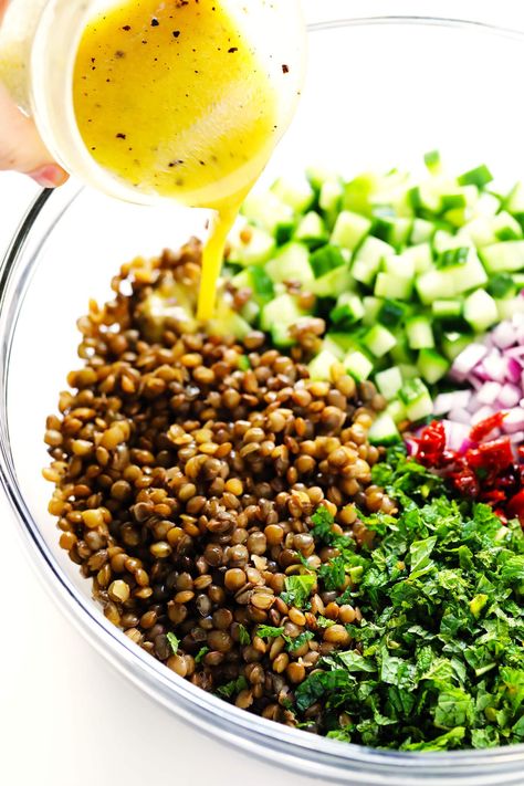 The BEST Lentil Salad Recipe! Gimme Some Oven: This lentil salad recipe is easy to make with French lentils, cucumber, sun-dried tomatoes, red onion, fresh mint and a zippy lemon dressing. SO good!! Red Lentil Salad, Warm Salad Recipes, Lentil Salad Recipes, Power Salad, French Lentils, Classic Salad, Veggie Snacks, Salad Meal Prep, Warm Salad