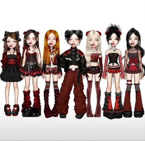 Crazy Over You Blackpink Outfits, Everskies Red Outfit, Kpop 7 Members Outfit, Everskies Stage Outfits, Everskies Outfits Kpop, Everskies Group Outfits, Kpop Looks, Group Outfit Ideas, Stage Outfits Ideas