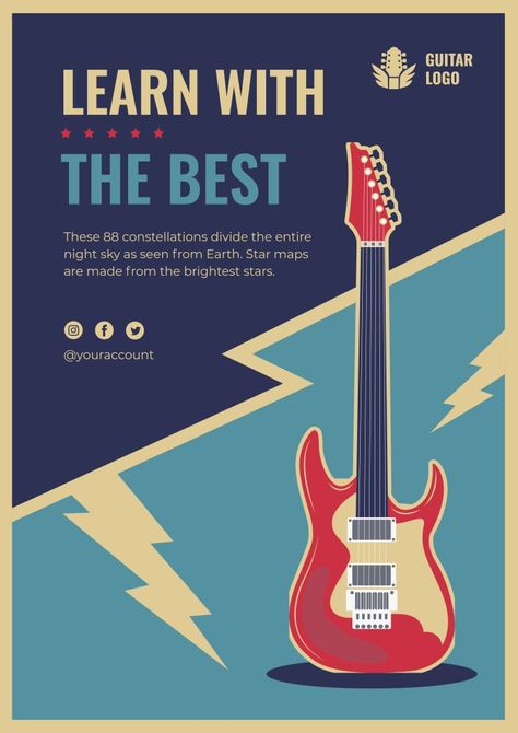 Retro Learn With The Best Guitar Lessons Poster Guitar Classes Poster, Guitar Poster Design, Music Store Interior, Electric Guitar Poster, Class Poster Design, Music Workshop, Poster Guitar, Retro Guitar, Guitar Poster