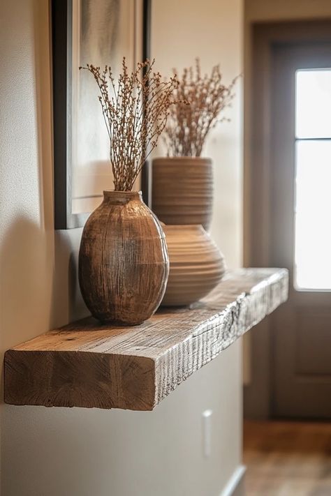 "Add character to your space with a Reclaimed Wood Shelf for your entryway! 🛠️🌳 Perfect for an eco-friendly decor project. #ReclaimedWoodInspo #DIYFurniture #EntrywayInspiration" Chunky Floating Shelf, Entrance Floating Shelf, Floating Shelves Foyer Entryway, Floating Shelf For Entryway, Entryway Floating Shelf, Floating Shelf Entryway, Entryway Floating Shelves, Modern Cozy Home, Shelf For Entryway