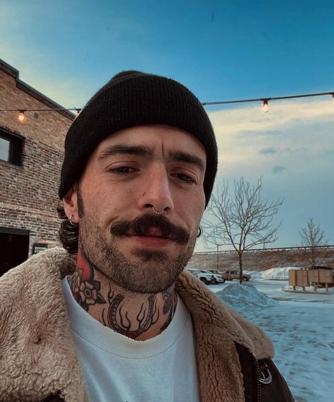 Mustache Fashion Men, Beard Stache Style, Mustache Men Aesthetic, Men With Septum Piercing, Mullet And Mustache Aesthetic, Old Person With Tattoos, Mens Facial Hair Ideas, Tattooed Men Aesthetic, Hot German Men