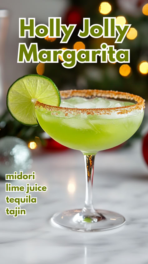 Holly Jolly Margarita Cranberry Drink Recipes, Midori Cocktails, Cozy Fall Drinks, Cocktail Recipes Tequila, Cocktail Cards, Midori Melon, Xmas Drinks, Cranberry Drinks, Christmas Shots