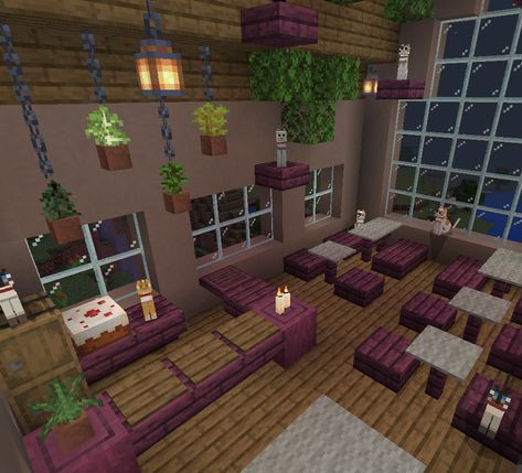 Minecraft Bakery Interior Ideas, Cat Room Minecraft Ideas, Cute Minecraft Cafe Interior, Minecraft Maid Cafe, Minecraft Building Ideas Pet Shop, Minecraft Bakery Ideas Aesthetic, Cafe Interior Design Minecraft, Cat House In Minecraft, Minecraft Cat Cafe Interior