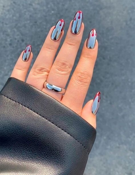 Subtle Halloween Nails, Spooky Punch, Silver Chrome Nails, Halloween Nail Art Ideas, Witchy Nails, Cute Halloween Nails, Silver Chrome, Halloween Nail Designs, French Tips