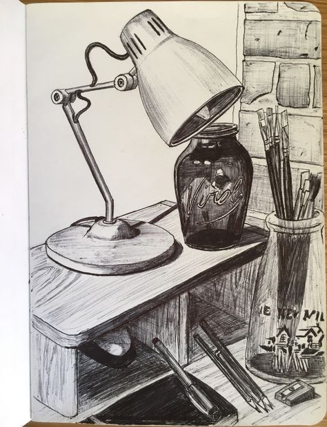 Easy Art Portfolio Ideas, Study Table Sketch, Book On Table Drawing, Objects On Table Drawing, Desk Drawing Sketch, Table And Chair Drawing Sketch, Biro Sketches, Pov Drawing, Table Lamp Drawing