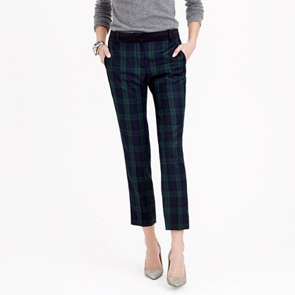 A cropped, slim trouser with a satin waistband and tux stripe—because you have 10 holiday parties to go to (and that's just this week). <ul><li>Sits at hips.</li><li>Fitted through hip and thigh, with a slim, cropped leg.</li><li>26 1/2" inseam.</li><li>Wool/poly.</li><li>Dry clean.</li><li>Import.</li><li>Online only.</li></ul> Tartan Pants, Black Watch Tartan, Tuxedo Pants, Slim Trousers, Crew Clothing, Green Pants, Plaid Pants, Navy And Green, Black Watch